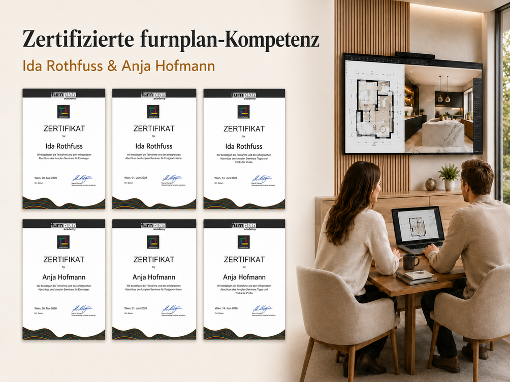 furnplan-Zertifikate von Ida Rothfuss und Anja Hofmann für professionelle Einrichtungsplanung